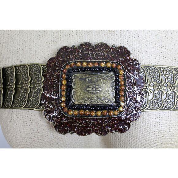 Boho Style Intricate Metal Stretchy Belt with Large‎ Enamel and Beaded Buckle - Picture 2 of 6